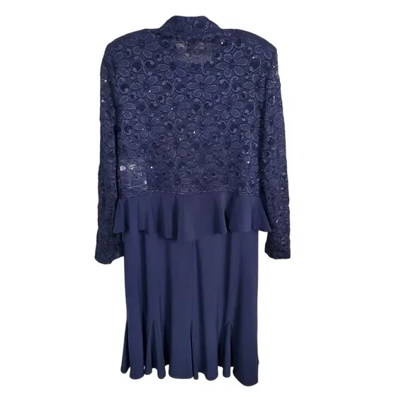 R&M Richards Size 10 Dress Jacket Set Event Formal Floral Lace Sequin Navy NWT - Picture 3 of 16